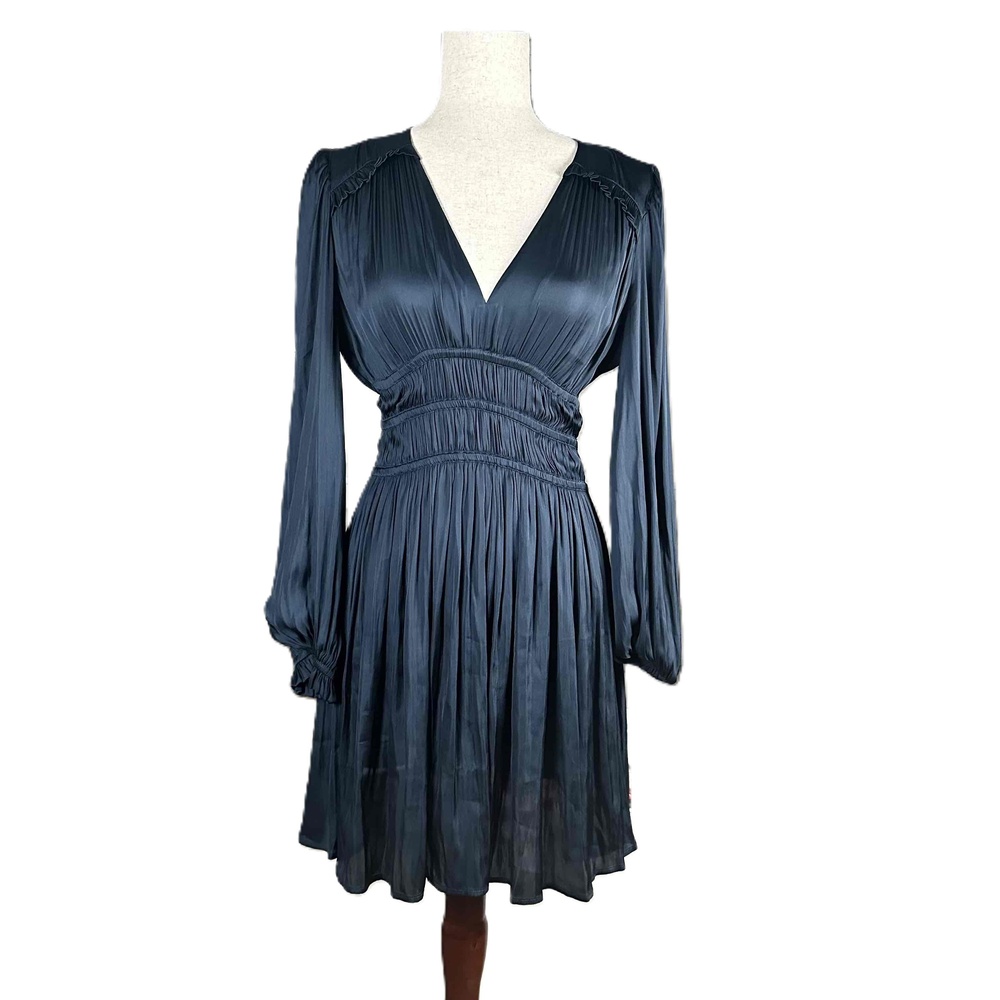 Maje Rianne Navy Satin Mini Dress Ruffled V Neck Long Sleeve Size 36 US 4 - Picture 4 of 9